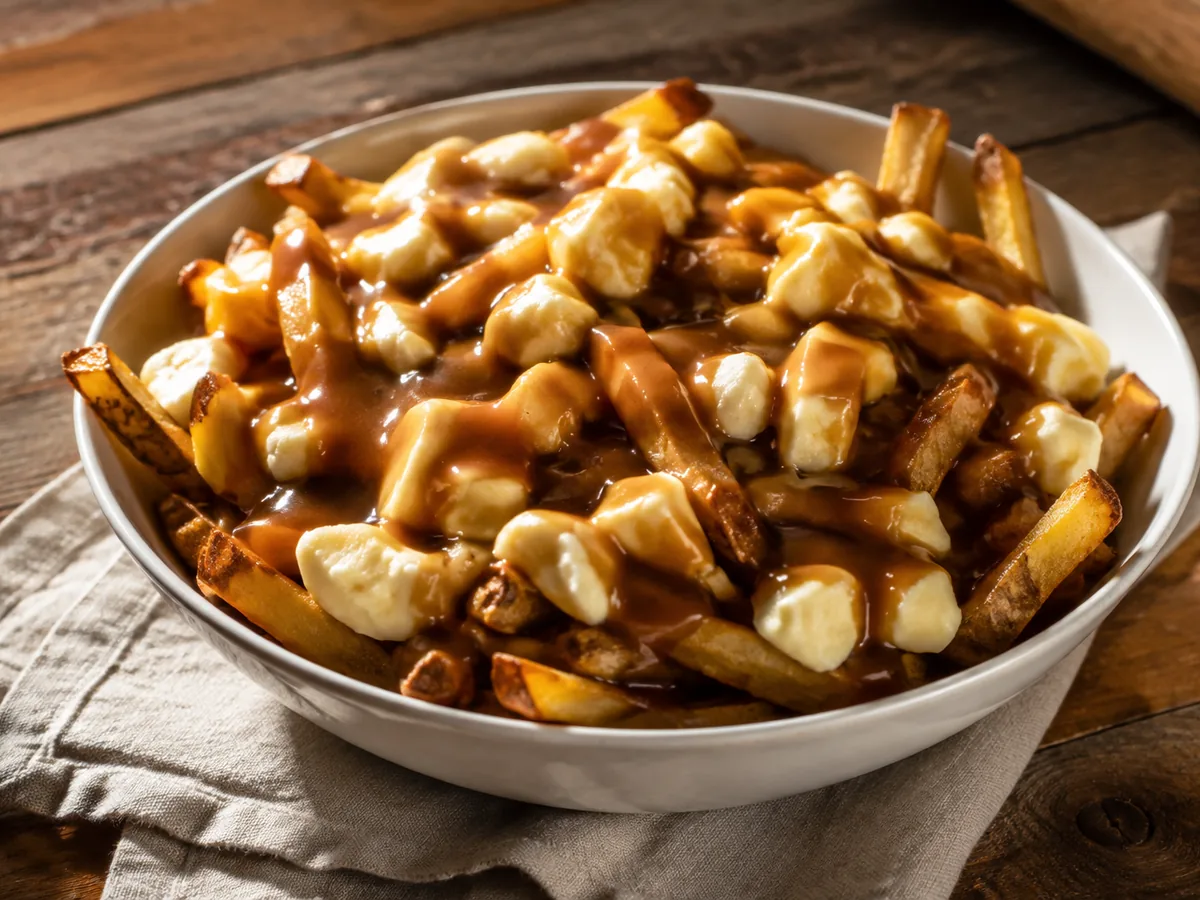 A shallow bowl of golden twice-fried chips scattered with white cheese curds and drowned in glossy dark brown gravy, the curds softening at their edges.