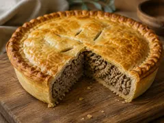 A deep golden double-crust meat pie with a crimped edge and steam vents, one wedge cut out to show the firm, moist spiced pork filling inside.