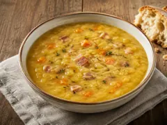 A deep bowl of thick golden-yellow pea soup with shreds of pink smoked ham, orange carrot dice and crisp lardons on top, beside torn crusty bread.
