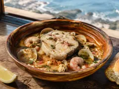 A glazed clay bowl of coral-pink broth holding a thick white fish steak on the bone, pink shrimp and open clams, flecked with cilantro, on a board beside a lemon wedge and a torn piece of bread, with the sea behind.