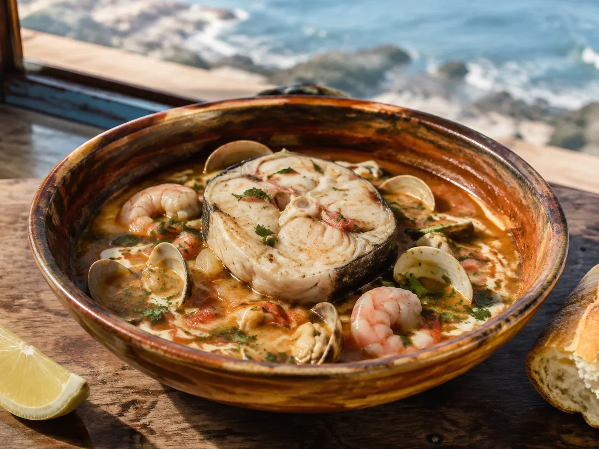 A glazed clay bowl of coral-pink broth holding a thick white fish steak on the bone, pink shrimp and open clams, flecked with cilantro, on a board beside a lemon wedge and a torn piece of bread, with the sea behind.