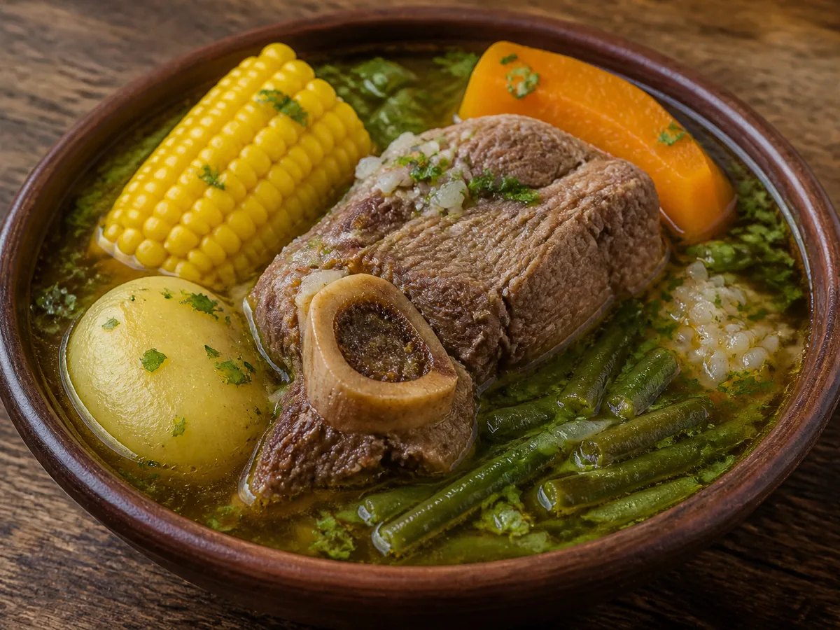 A dark clay bowl of clear golden broth holding a thick piece of bone-in beef with its marrow ring, half an ear of yellow corn, an orange squash wedge, a whole pale potato and ribbons of green bean.