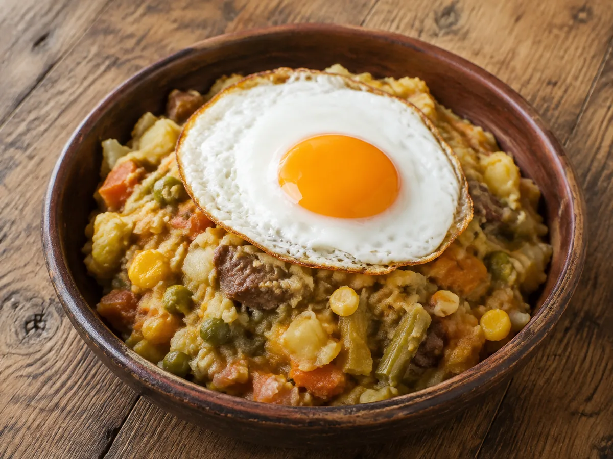 A dark wooden bowl of chunky orange-gold vegetable mash flecked with peas, corn, carrot and pieces of beef, topped with a whole fried egg with crisp browned edges and a deep orange yolk.