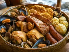 A wide earthenware pot heaped with open black-shelled mussels and pale clams around browned pork ribs, chicken pieces, links of red sausage and pale dumplings, with a window and shoreline behind.