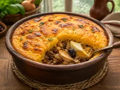 A round dark clay paila of golden corn topping blistered brown in patches, with a wedge scooped away to show beef mince, a quartered hard-boiled egg, a black olive and raisins beneath, a serving spoon resting in the dish.