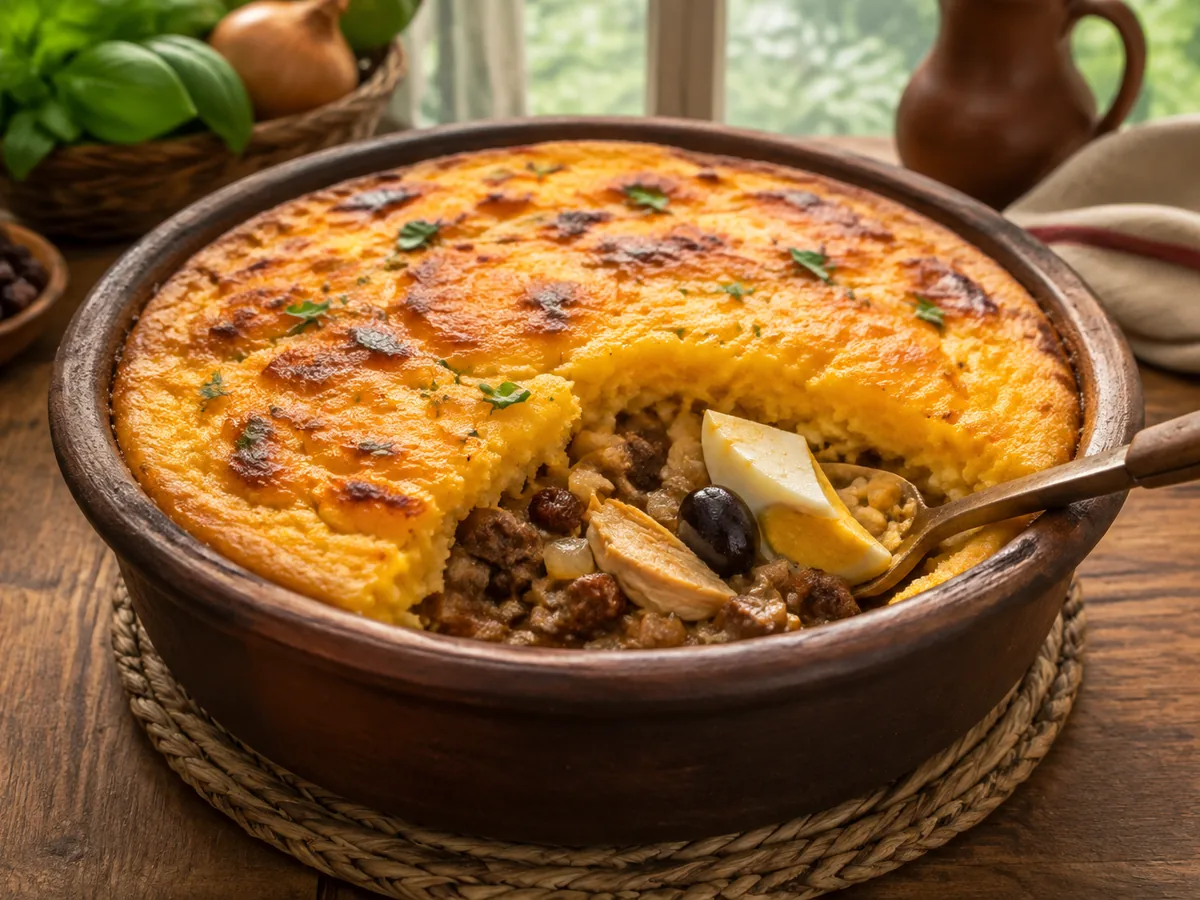 A round dark clay paila of golden corn topping blistered brown in patches, with a wedge scooped away to show beef mince, a quartered hard-boiled egg, a black olive and raisins beneath, a serving spoon resting in the dish.