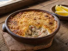 A round two-handled clay dish of crab gratin with a golden browned crumb crust, a portion scooped away to show white crab meat beneath, on a weathered board beside a small bowl of lemon wedges.