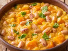 A brown clay bowl filled with thick golden stew holding pink-speckled cranberry beans, cubes of orange squash and yellow corn kernels, scattered with torn green basil leaves.
