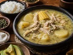 A dark clay bowl of pale, thick soup with shredded chicken, chunks of yellow and white potato and a round of corn on the cob, with small dishes of white rice, capers, cream and sliced avocado set around it.