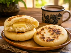 Two pale corn discs on a wooden plate, one split open and filled with white cheese and a slice of butter, the other whole and freckled with brown toasted spots, beside a patterned mug of hot chocolate.