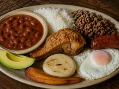 An oval platter holding a bowl of red beans in brown liquor, white rice, crumbled browned beef, a thick piece of crackling-topped pork belly, a browned sausage, a fried egg with an orange yolk, a pale arepa, a fried plantain slice and two avocado wedges.