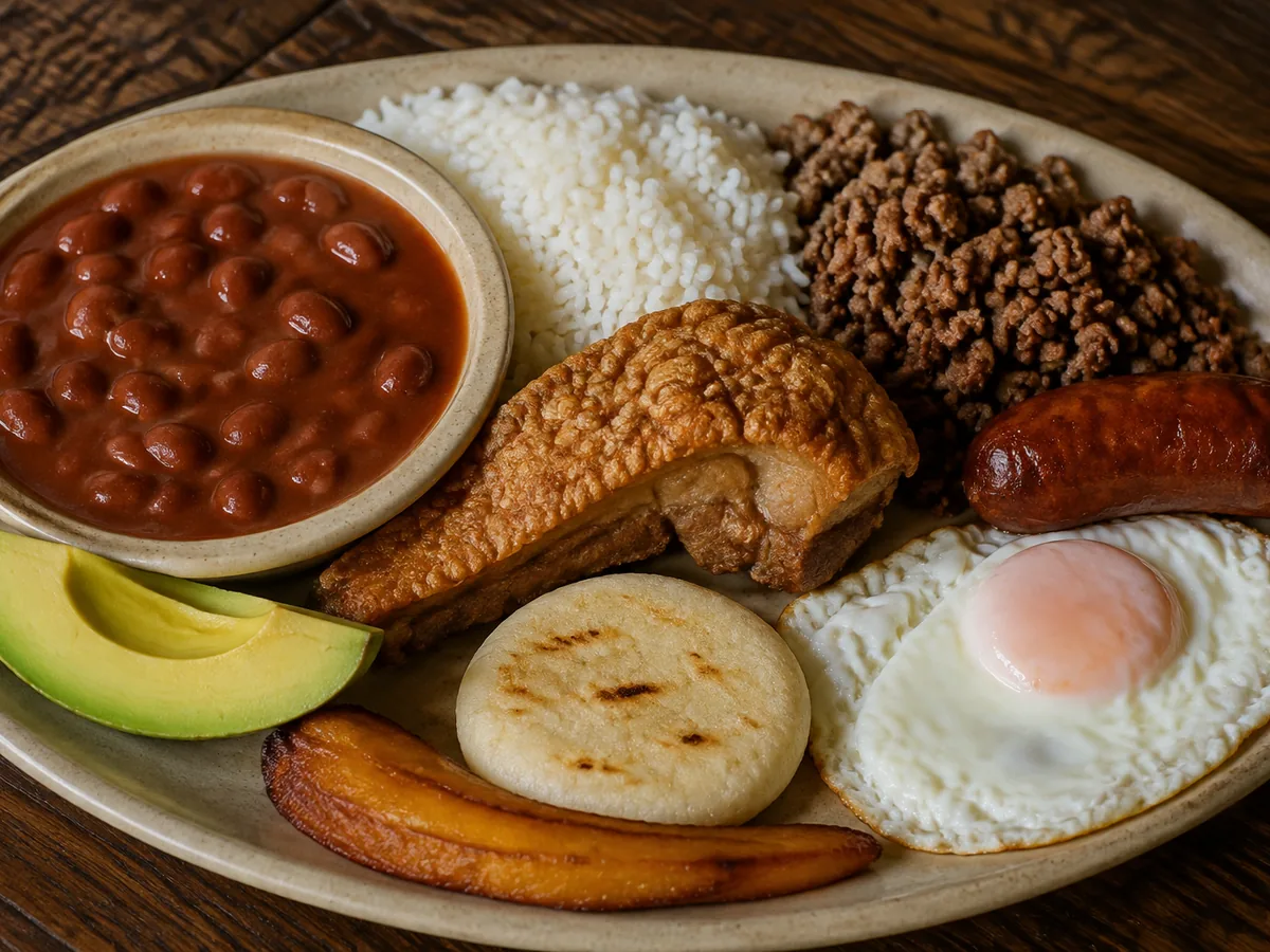 An oval platter holding a bowl of red beans in brown liquor, white rice, crumbled browned beef, a thick piece of crackling-topped pork belly, a browned sausage, a fried egg with an orange yolk, a pale arepa, a fried plantain slice and two avocado wedges.