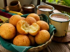 A cloth-lined basket of round golden-brown fritters, one torn open to show a pale, airy interior, with two enamel mugs of hot chocolate and a small bowl of cream on the table beside it.