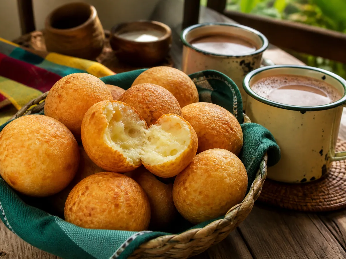 A cloth-lined basket of round golden-brown fritters, one torn open to show a pale, airy interior, with two enamel mugs of hot chocolate and a small bowl of cream on the table beside it.