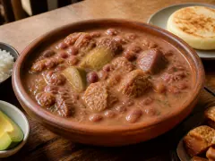 A red clay bowl of speckled brown beans in thick broth with chunks of pork and soft plantain, beside a plate holding a pale arepa, a dish of white rice and a wedge of avocado.