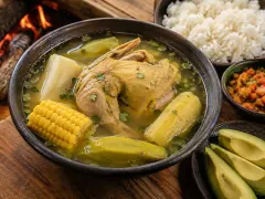 A dark clay bowl of golden broth holding a bone-in chicken quarter, a round of yellow corn, pale chunks of yuca and green plantain, scattered with cilantro, beside bowls of white rice, chopped ají and sliced avocado on a wooden board.
