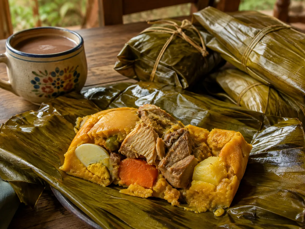 An opened banana-leaf parcel of yellow masa holding chunks of pork, a slice of hard-boiled egg, carrot and potato, with two more leaf parcels tied with twine behind it and a flower-painted mug of hot chocolate to the side.