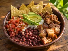 A dark wooden bowl layered with white rice, dark red beans, golden cubes of fried pork belly, chopped tomato salsa and avocado slices, with corn tortilla chips standing upright around the rim.