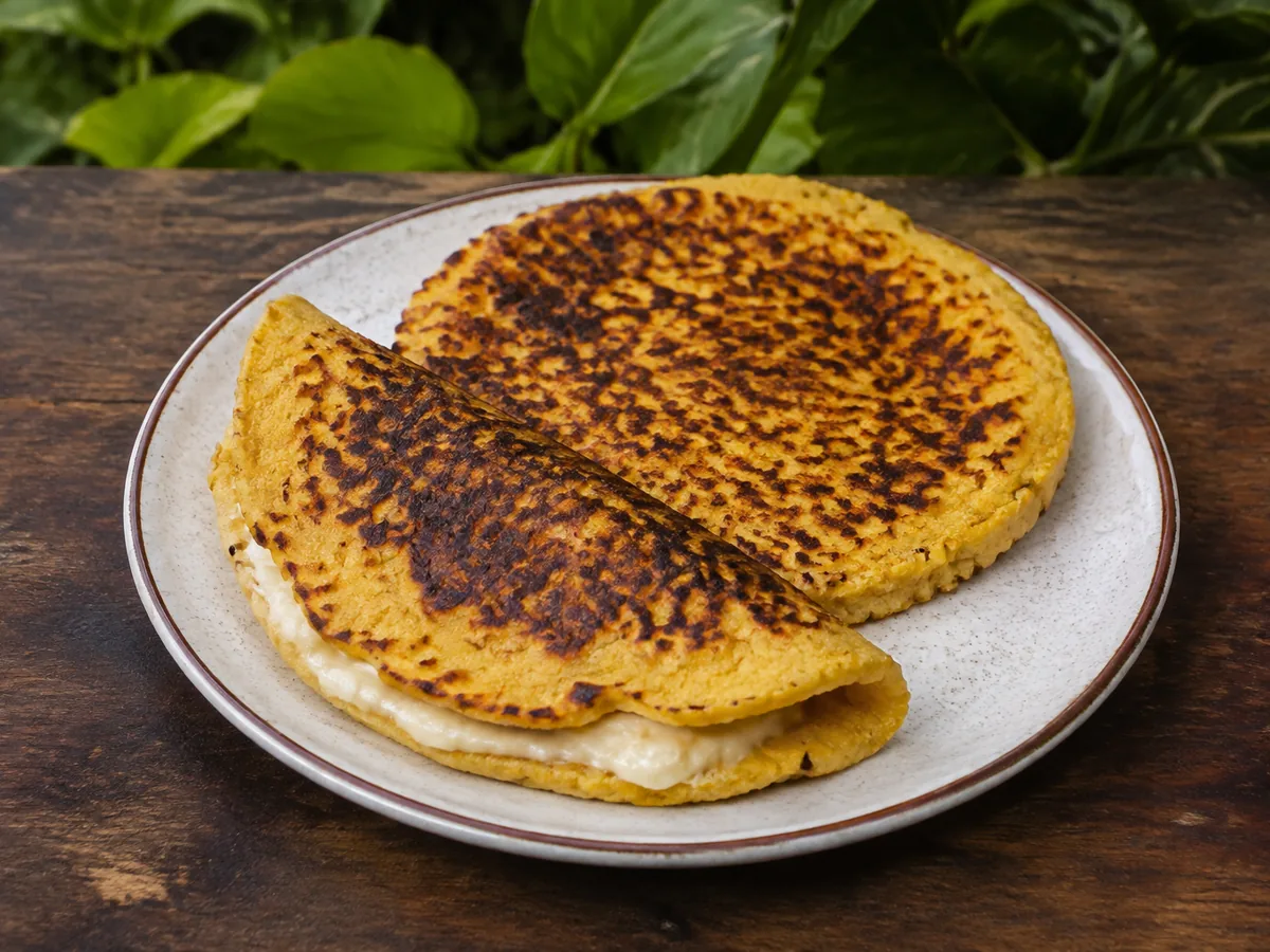 Two golden corn griddle cakes on a speckled ceramic plate, one flat with dark toasted blistering and one folded over a thick layer of white cream, on a dark wooden table.
