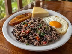 A white plate of speckled rice and black beans flecked with red pepper and green cilantro, with a fried plantain slice, a wedge of white cheese and a sunny-side-up egg alongside, on a varnished wooden table.