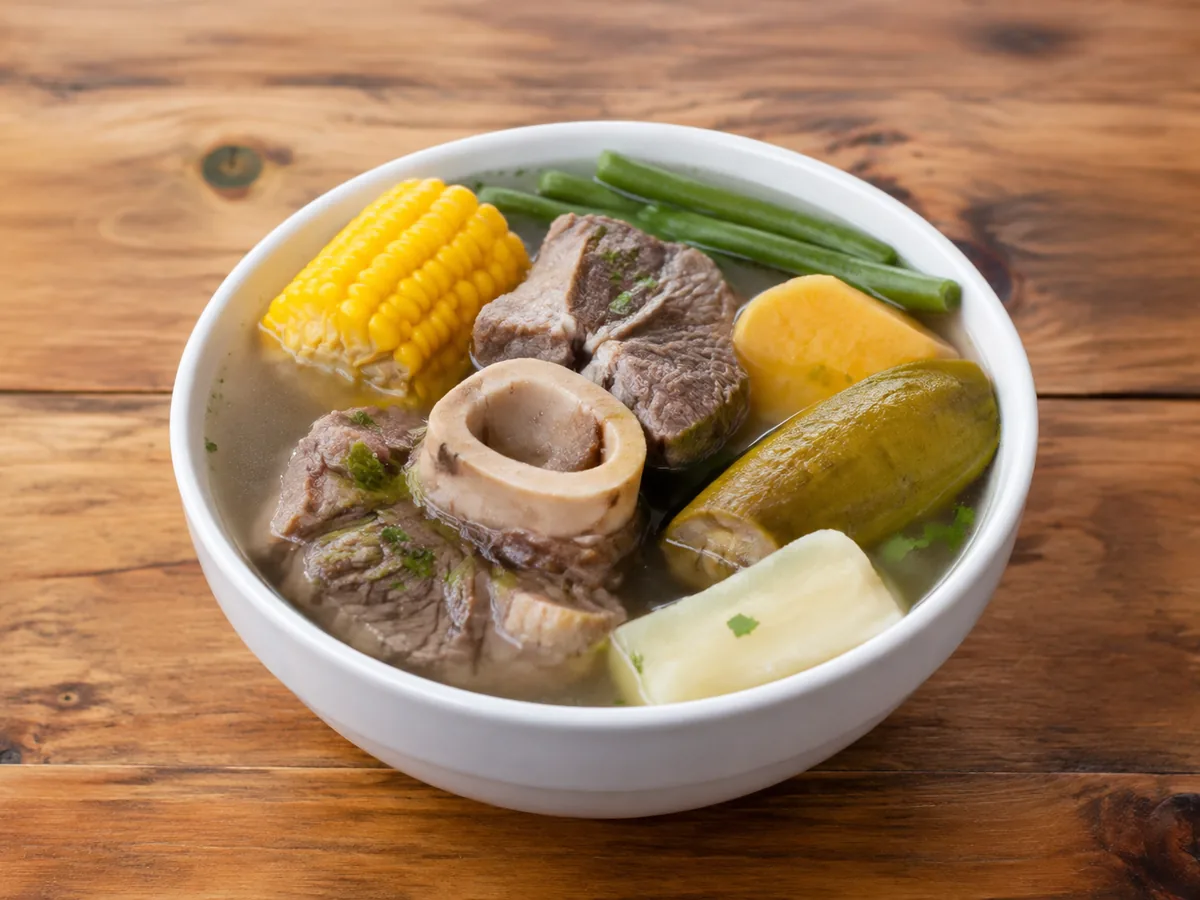 A deep white bowl of clear golden broth holding a round marrow bone, chunks of beef, a wheel of yellow corn on the cob, green beans, chayote, sweet potato and cassava, on a rustic wooden table.