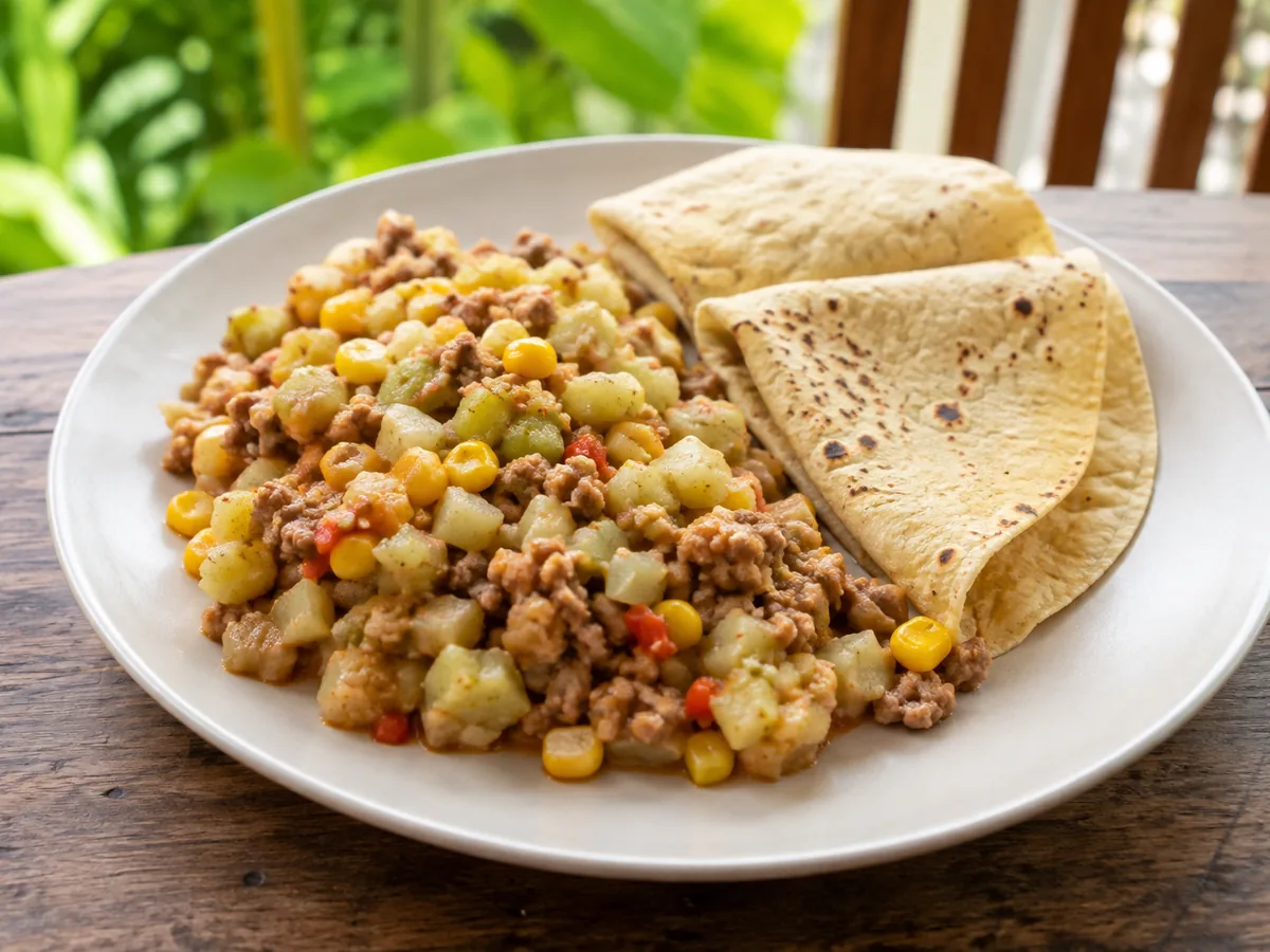 A pale ceramic plate heaped with a hash of small pale squash cubes, browned ground beef, yellow corn kernels and flecks of red pepper, with two folded warm corn tortillas beside it.