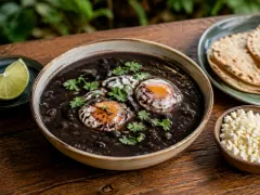 A rustic bowl of glossy near-black bean soup holding two poached eggs whose whites are stained dark around soft orange yolks, scattered with cilantro, beside warm tortillas, lime and crumbled white cheese.