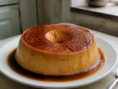 An inverted Cuban flan on a rimmed plate, amber caramel running down the sides and pooling around the base.