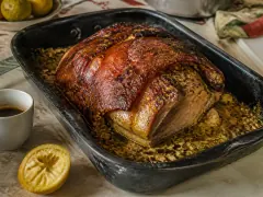 A roasted bone-in pork shoulder with blistered, scored crackling, carved open to show the meat underneath.