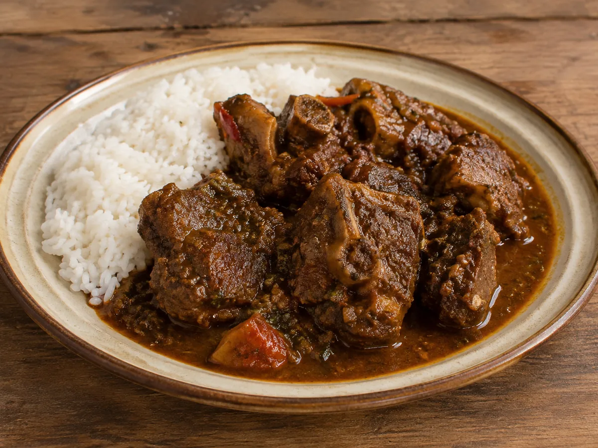A cream and brown rimmed plate of dark glossy braised goat pieces on the bone in a thick mahogany gravy flecked with green herbs and red pepper, with a mound of white rice pushed to one side, on a wooden table.