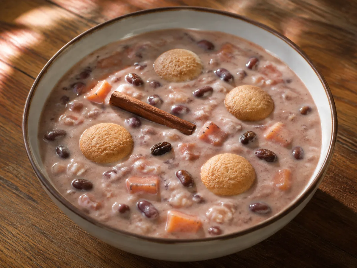 A wide bowl of pale rosy-pink creamy dessert holding whole dark red beans, orange sweet potato cubes and raisins, with a cinnamon quill laid across it and four round pale milk cookies floating on the surface.