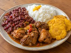 A wide speckled cream plate divided between dark red stewed kidney beans in glossy sauce, a mound of white rice topped with a small piece of yellow pepper, browned stewed chicken pieces in gravy, and a stack of round golden tostones, on a wooden table.