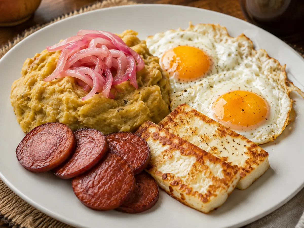 A white plate holding a pale mound of mashed plantain crowned with bright pink pickled onion rings, two sunny-side-up fried eggs, a row of overlapping reddish-brown fried salami discs and two griddle-marked slabs of golden fried white cheese.