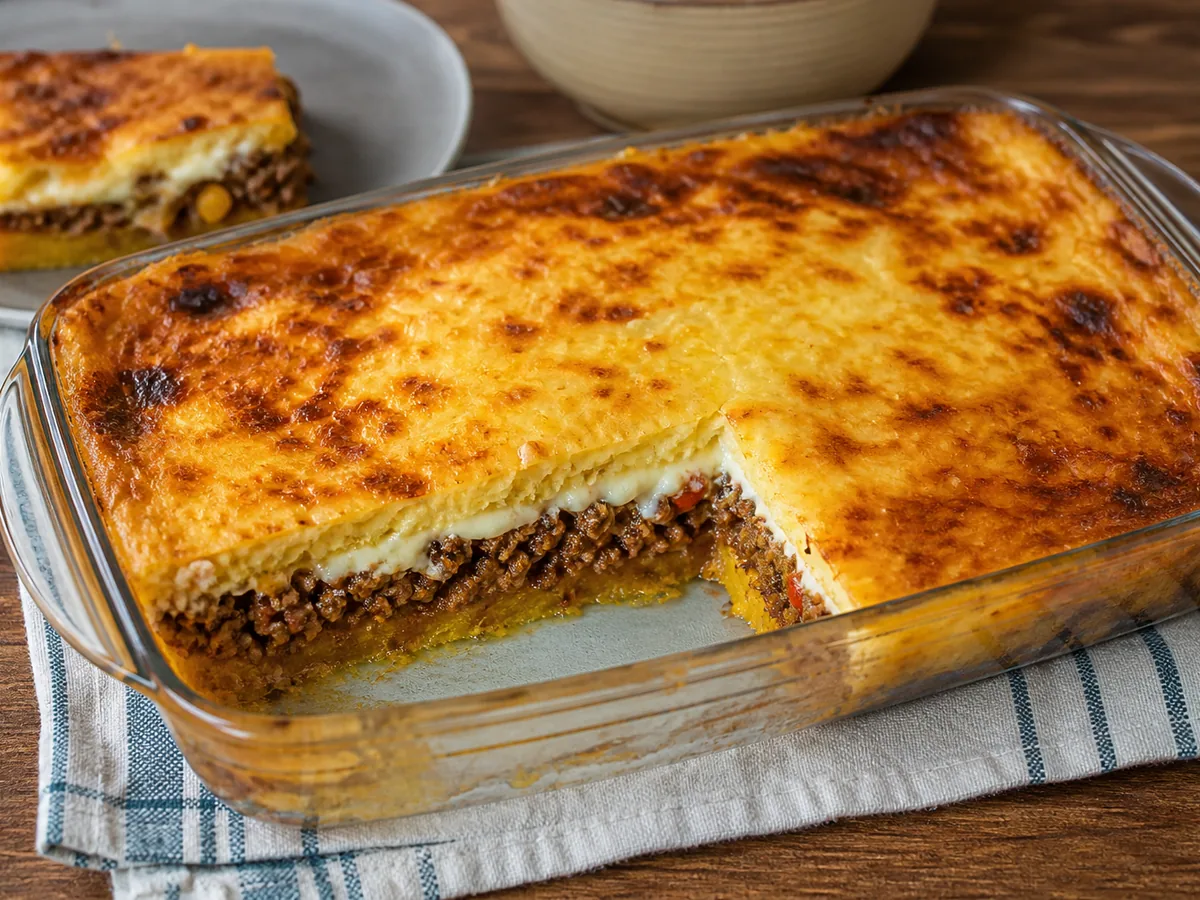 A glass baking dish of layered casserole with a blistered golden-brown cheese top, a corner cut away to show a pale plantain top layer, a thick band of dark minced beef and a yellow plantain base, on a blue-checked cloth.