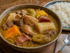 A deep speckled bowl of thick golden-amber stew packed with chunks of beef and pork, a piece of chicken, sliced red sausage, a wheel of corn, orange squash, white cassava and a round of plantain, with a plate of white rice behind.