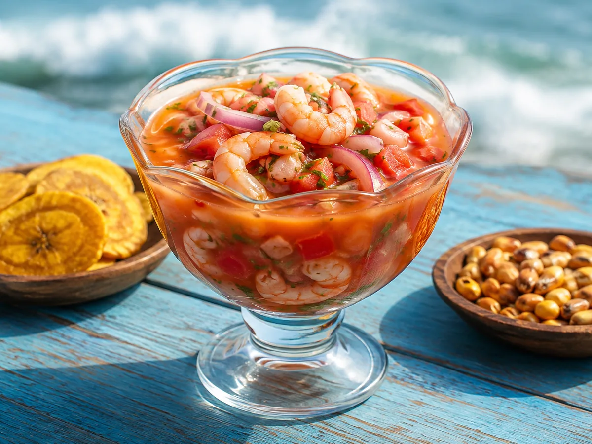 A wide shallow bowl of translucent coral-orange broth filled with plump pink shrimp, slivers of red onion, diced tomato and chopped cilantro, with green plantain chips and toasted corn beside it.