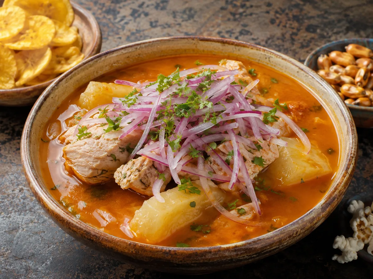 A wide bowl of opaque reddish-gold fish broth holding pale chunks of yuca and thick flakes of tuna, topped with a mound of bright pink pickled red onion and chopped cilantro, with plantain chips on the board alongside.