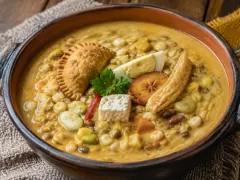 A wide bowl of thick golden-yellow soup packed with visible beans and grains, crowned with slices of hard-boiled egg, golden fried plantain, white cheese, a small empanada and a sliver of red chilli.