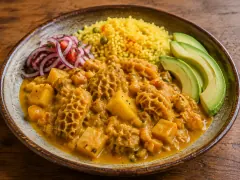 A shallow bowl of thick golden-yellow stew holding cubes of honeycomb tripe and soft diced potato, ribboned with orange achiote oil, beside a dome of yellow rice and slices of avocado.