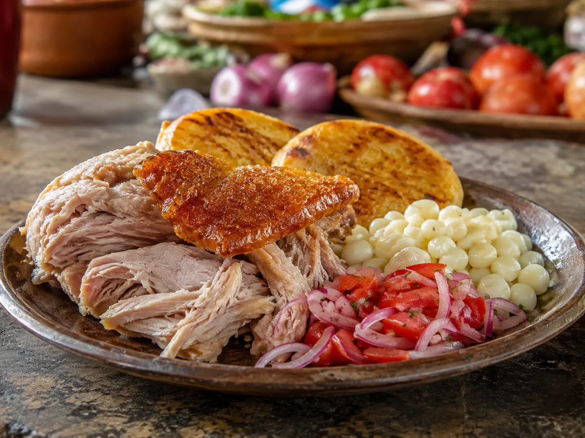 A plate of pulled roast pork with a shard of blistered golden crackling standing upright, beside two golden griddled potato patties, a spoonful of pale hominy corn and a red-flecked tomato and onion relish.