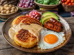 Two golden-orange griddled potato patties with mottled brown spots under a ladle of pale peanut sauce, topped with a sunny-side-up fried egg, beside sliced avocado and pink pickled onion.