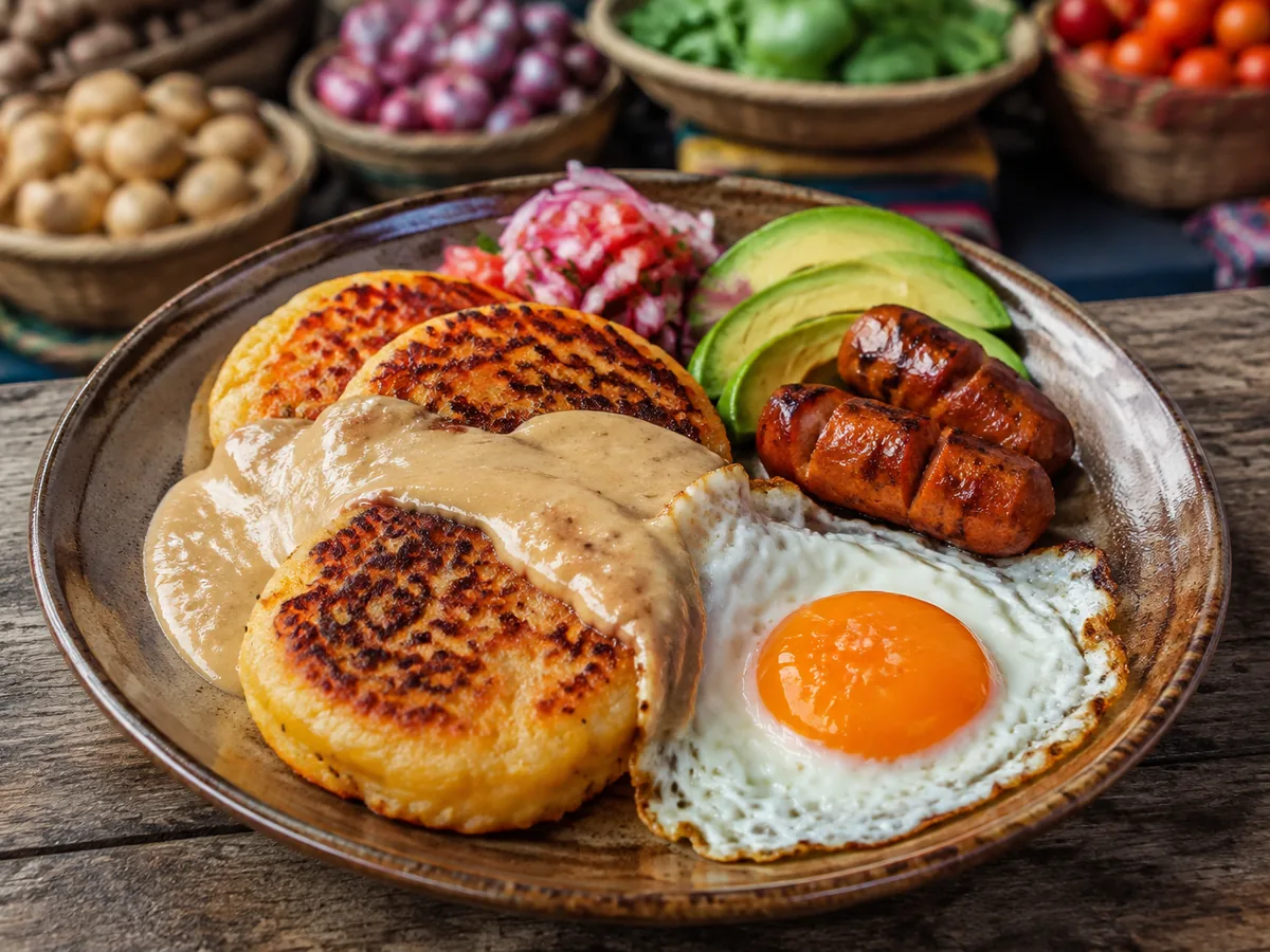 Two golden-orange griddled potato patties with mottled brown spots under a ladle of pale peanut sauce, topped with a sunny-side-up fried egg, beside sliced avocado and pink pickled onion.