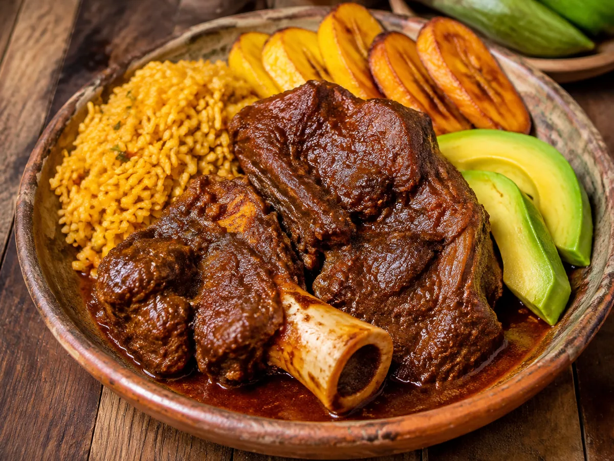A shallow bowl of dark mahogany braised goat on the bone, glossy sauce pooling with orange droplets of achiote oil, scattered with chopped cilantro, beside yellow achiote rice and fried ripe plantain.