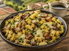 A plate piled with coarse golden-orange plantain mash flecked with dark brown pork cracklings and strands of melted white cheese, scattered with chopped cilantro, beside a mug of black coffee.