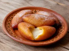 Four golden-bronze fried plantain croquettes dusted with sugar on a patterned terracotta plate, one broken open to show a pale ivory custard filling.