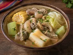 A wide ceramic bowl of golden broth holding tripe, tender trotter pieces, a wheel of corn on the cob, cassava, chayote and a cabbage wedge, scattered with chopped herbs.