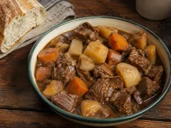 A bowl of dark mutton stew with chunks of meat, carrot, potato and swede in brown gravy, with torn crusty bread beside it.