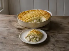 A round dish of fish pie with a ridged golden mash topping, one portion served on a plate showing chunks of white fish and peas in a creamy sauce.
