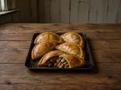 Five golden crimped pasties on a dark baking tray, one cut open to show diced lamb, potato and swede, on a scrubbed wooden table.