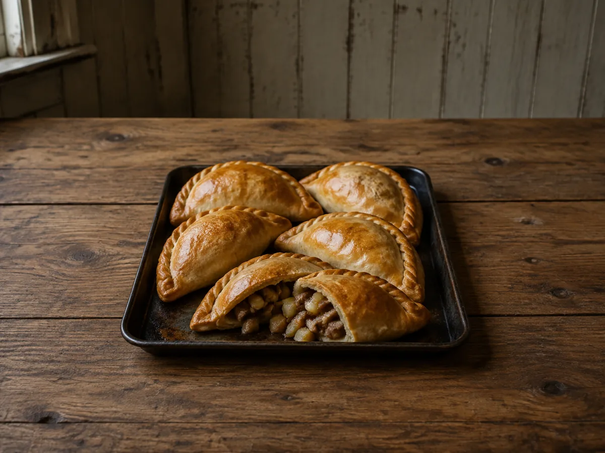 Five golden crimped pasties on a dark baking tray, one cut open to show diced lamb, potato and swede, on a scrubbed wooden table.